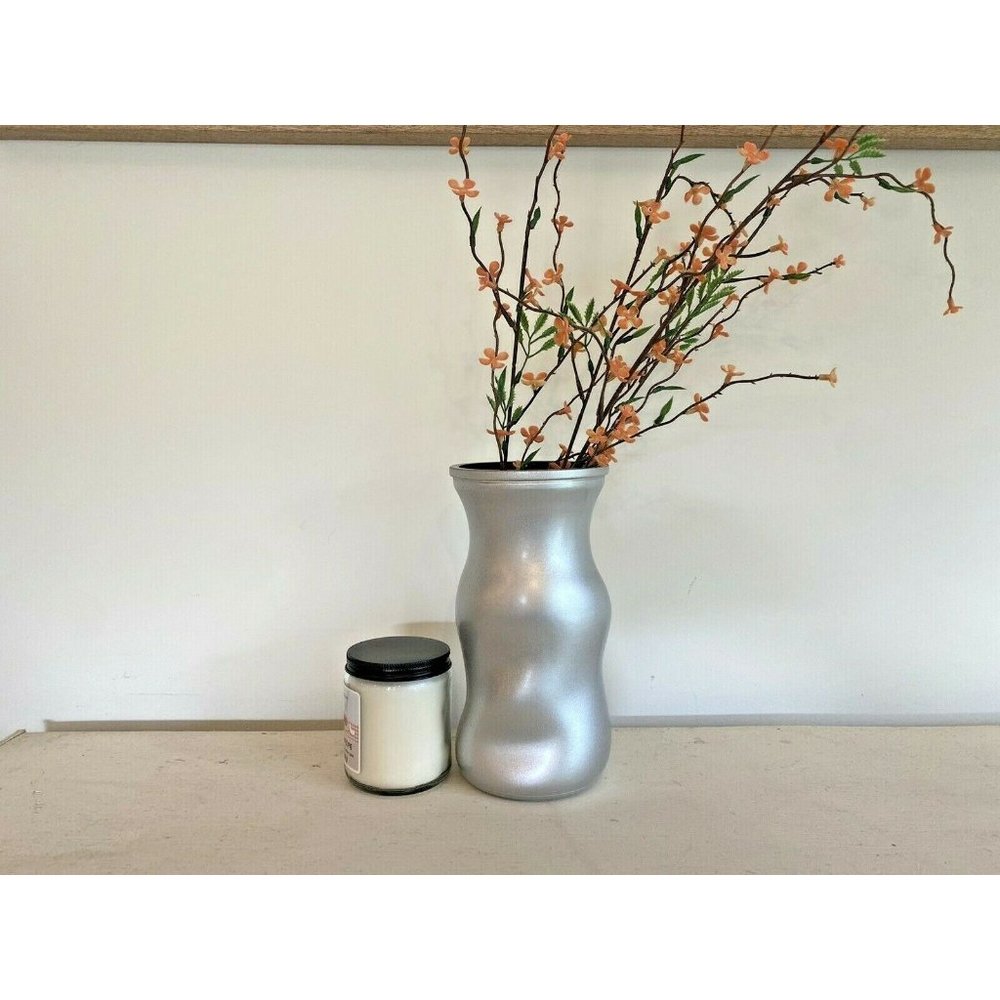 Modern Glass Flower Vase Orange Silver Metallic  8.5" Decor Hand Painted Cute